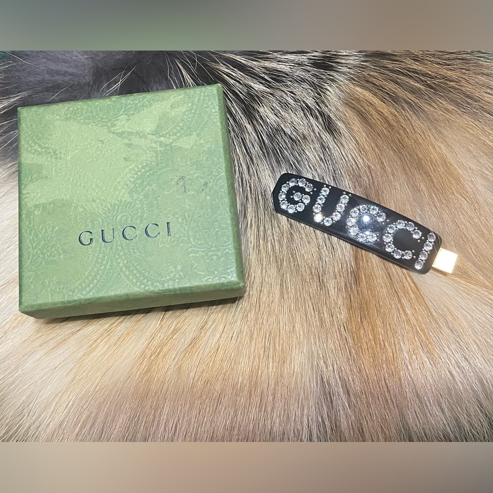Authentic GUCCI Black Hair Clip with Crystal Logo